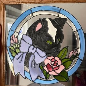 Vintage glass panel featuring a cat- wooden frame-Salida C…